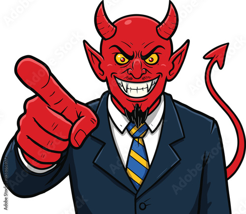 Cartoon devil businessman, red demon character illustration, corporate mascot artwork, evil authority design, temptation satire graphic, suit wearing devil figure