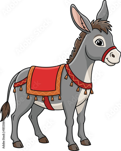 Cartoon donkey illustration, gray donkey with festive saddle blanket, decorative tassels, cultural farm animal artwork, children’s book character, educational livestock drawing