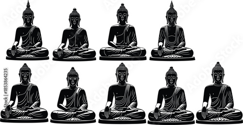 Collection of Buddha silhouettes in meditation poses, spiritual Buddhist artwork representing peace, mindfulness, enlightenment, religious symbols, and traditional cultural illustrations