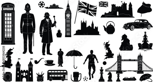 Collection of British cultural icons including landmarks, police, vintage cars, tea, flags, castles, buses, and London symbols in vector silhouette style