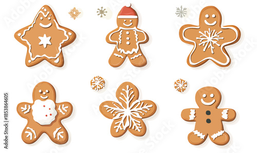 Collection of six decorated gingerbread cookies including gingerbread man shapes and star shapes with festive white icing on white background for holiday baking and Christmas celebration concepts