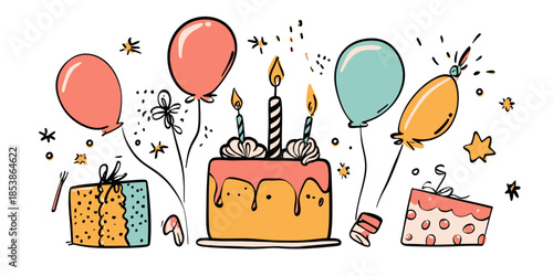Hand drawn birthday cake with lit candles, colorful balloons, gift box, party popper, confetti and celebratory decorations doodle vector illustration for festive event celebration design