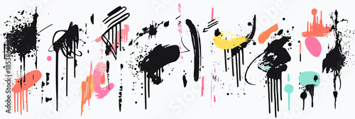 Abstract black ink splatters and drips with colorful neon paint strokes on white background digital vector illustration modern minimal street art style composition