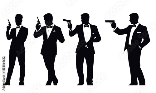 Silhouettes of elegant men in suits with bow ties holding guns in various shooting poses on white background minimalist vector illustration