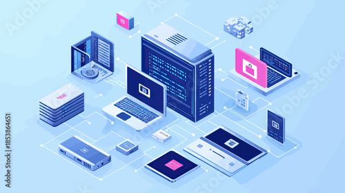 Isometric network of connected digital devices with central server cabinet and laptop illustrating cybersecurity data protection system in flat minimalist style
