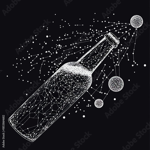 Abstract wireframe beer bottle with digital space elements pouring out planets and stars in futuristic minimalist vector style on black background