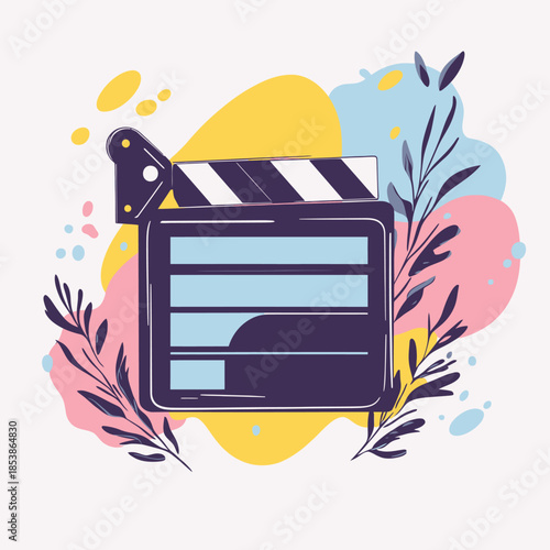 Flat minimalist illustration of cinema clapperboard surrounded by colorful abstract shapes and leaves with empty slate for text or scene details design vector