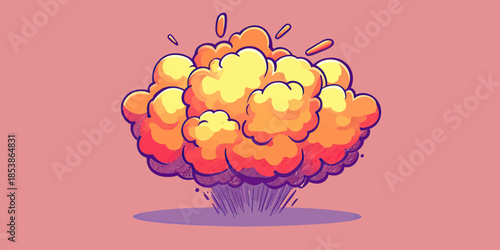 Cartoon style orange and yellow explosion cloud with smoke fallout and shadow on pink background vector illustration in flat minimalist design