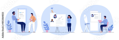 Business professionals reviewing resumes and analyzing candidate profiles during recruitment process with digital and paper documents in modern office setting vector illustration