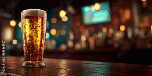 Cold Glass of Draft Beer with Foam on Wooden Bar Counter in Pub with Warm Bokeh Lights