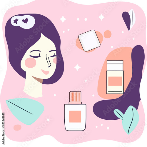 Minimalist vector illustration of smiling woman with closed eyes surrounded by skin care bottles, leaves, cotton pad, and abstract shapes on pink background for beauty concept