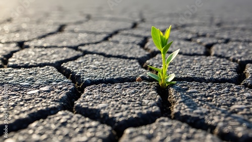 Green plant growing through cracked dry ground. Resilience and survival in difficult conditions. Small sprout emerging from parched desert earth and pavement