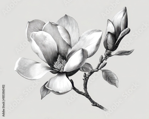 Elegant Magnolia Flower: Hand-Drawn Botanical Illustration for Vintage Postcards and Wedding Invitations