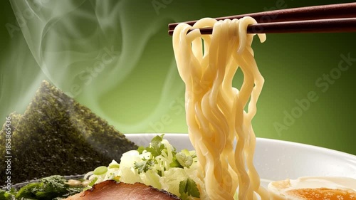 Ramen Harmony: Close-up of steaming ramen noodles held by chopsticks, portraying the essence of a delectable Japanese dish. 