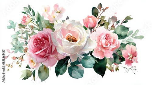 Hand-Drawn Pink Roses: Watercolor Illustration of Blush and Mint Floral Bouquet on White Background