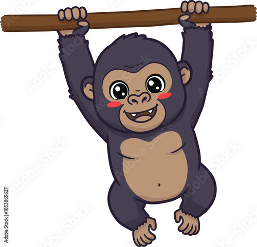 Cartoon baby gorilla hanging from tree branch, smiling face, red cheeks, flat vector, isolated, cad drawing