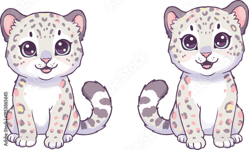 Cartoon baby snow leopard cubs with colorful spots, cute wild animals sitting upright, fantasy wildlife illustration, children’s educational and coloring artwork