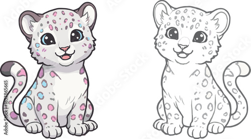 Cartoon baby snow leopard with blue eyes, black and white outline coloring page, cute wild animal illustration, fantasy children artwork