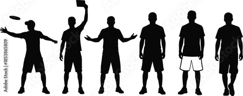 Group of male silhouettes in casual clothing, standing poses, playing frisbee, and gesturing, isolated vector illustration for graphic design projects.