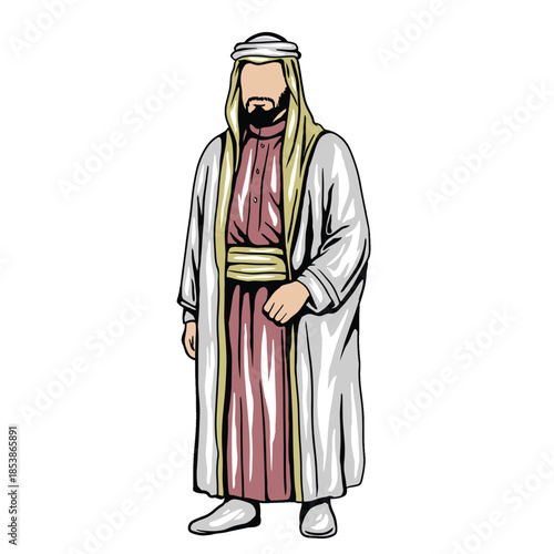 Traditional Middle Eastern Man Wearing Thobe and Headscarf.eps