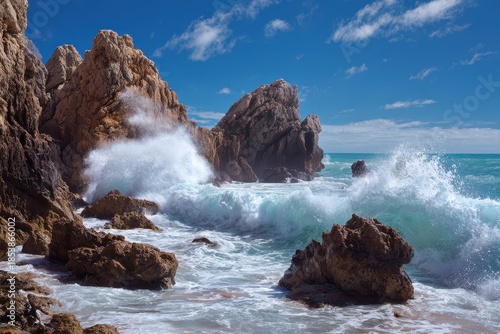 Crashing Waves Embrace Rugged Rocks: A Stunning Ocean Landscape in Portugal