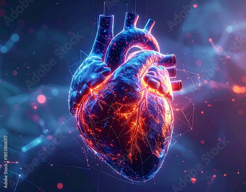 Glowing digital heart illustration, anatomical view, surrounded by networks