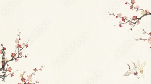 Elegant cherry blossom artwork displaying graceful cranes tranquil asian setting traditional ink painting style serene atmosphere artistic perspective nature inspired design