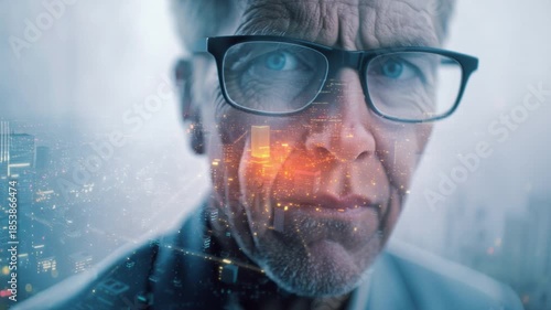 Portrait of Contemplation: An elderly individual, framed by glasses, gazes pensively out over a cityscape. The blurred city backdrop subtly merges with the textures of time etched upon the face.