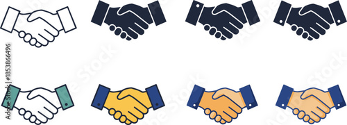 Collection of business handshake icons in various styles, flat vector illustration representing agreement, partnership, trust, teamwork, cooperation, communication