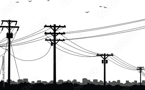 Cityscape silhouette with utility poles and power lines, urban electricity distribution network, energy infrastructure illustration, skyline design, electrical grid system
