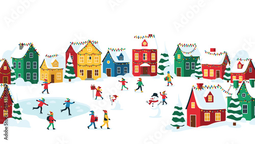 Winter Village Scene: A charming illustration depicts a vibrant winter village, where children frolic in the snow, surrounded by colorful houses adorned with festive decorations.