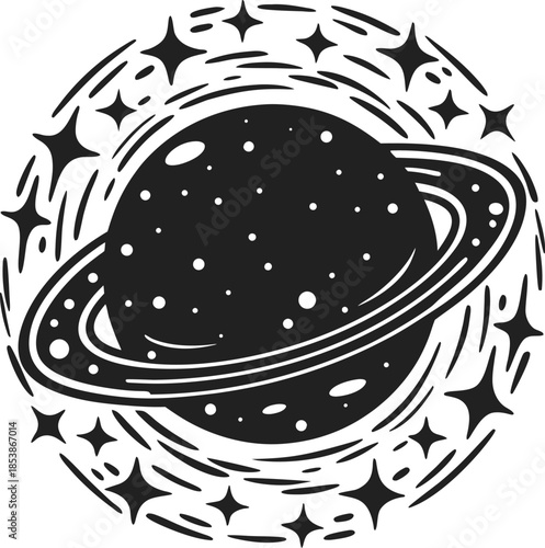 saturn planet with rings surrounded by stars and cosmic dust in outer space celestial astronomy symbol in monochrome illustration