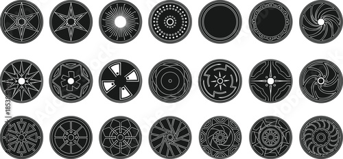 Collection of circular geometric wheel designs featuring abstract patterns, radial shapes, mandala-style elements, and decorative round icons for creative illustrations