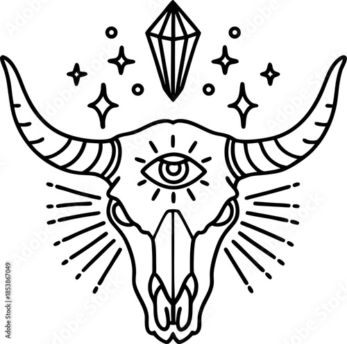 Mystic bull skull with third eye, crystal and sacred geometry symbols boho occult line art illustration with stars and radiant energy