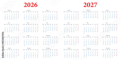 Calendar 2026-2027, calendar 2027 week start Sunday corporate design planner template 2026 Calendar Planner Set of Template grid Monthly Page with Note, Cover with Place for Photo Company Logo, Annual