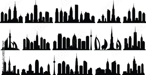 Collection of city skyline silhouettes in black, modern urban architecture vector set with famous landmark buildings and cityscapes isolated