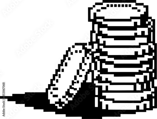 retro pixel coins stack with long shadow on white background, minimalist 8 bit money icon for vintage digital game design