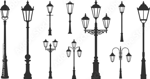 Collection of classic vintage street lamps silhouettes, elegant outdoor lighting poles, decorative iron lampposts, black vector icons isolated on white background.