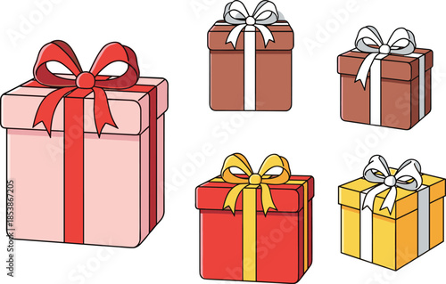 Collection of colorful gift boxes with ribbons and bows, perfect for holiday celebrations, birthdays, festive decorations, party themes and seasonal artwork designs