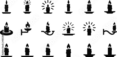Collection of decorative candle silhouettes with burning flames, vintage candle holders and glowing light icons for design, celebration and spiritual themes