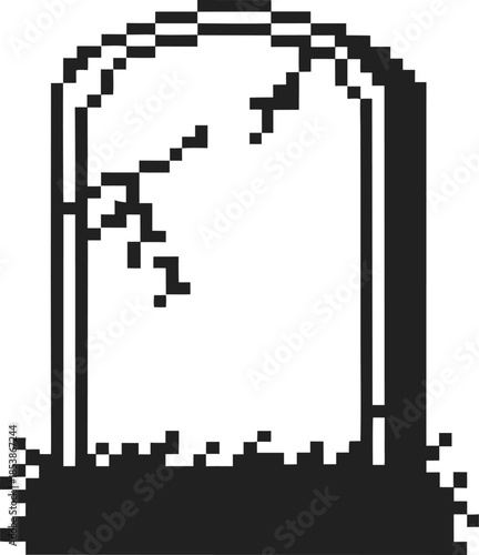 Old pixel tombstone icon with cracked stone surface and grass, retro gravestone symbol in 8 bit for nostalgic games and halloween