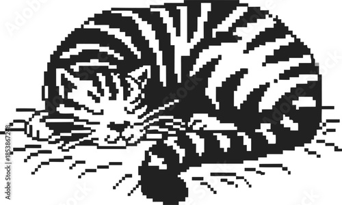 Sleeping striped cat curled on straw bed in pixel art style, cozy domestic animal resting in simple black and white retro design