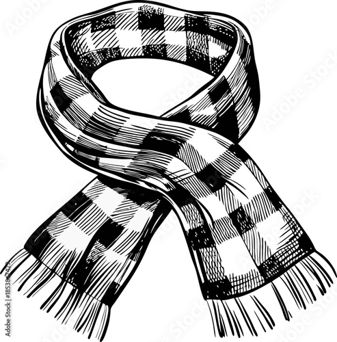 Checkered wool scarf with fringe detail hand drawn winter accessory illustration with plaid pattern and cozy cold weather fashion design
