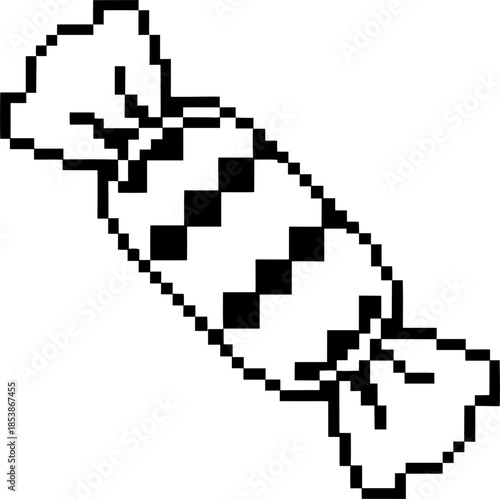 Wrapped pixel candy icon with checkered pattern retro black and white sweet illustration, minimal digital confection design