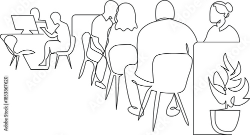 Minimalist single continuous line drawing illustrating a series of people working at computers and waiting in a dynamic office or co-working environment, isolated on white background.