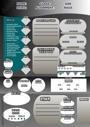 DND RPG CHARACTER SHEETS, SHEETS FOR TABLETOP ROLEPLAYING GAMES, DUNGEONS AND DRAGONS CHARACTER JOURNAL
