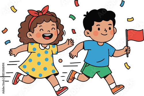 Happy cartoon children running vector illustration. A cheerful boy holding a red flag and a smiling girl in a polka-dot dress racing together amidst colorful falling confetti. 