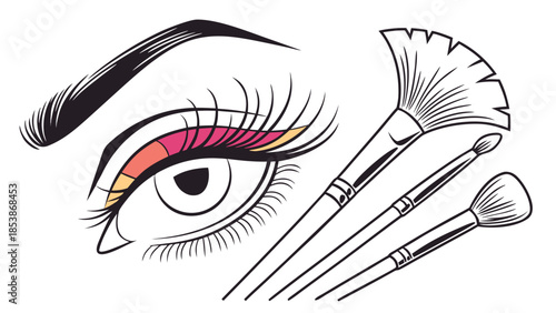 Vibrant eye makeup with colorful eyeshadow and brushes