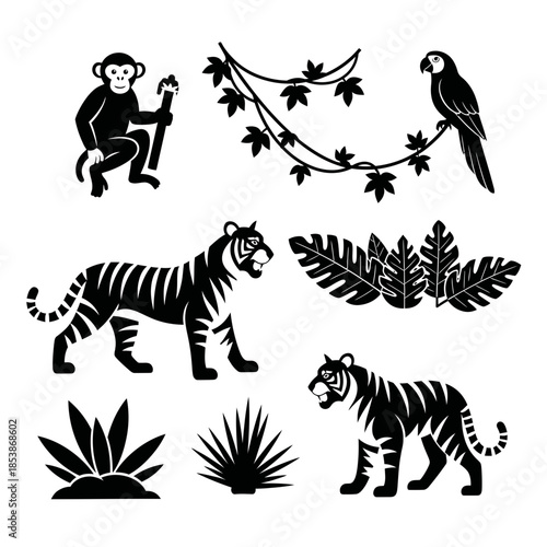 Dynamic jungle scene featuring a playful monkey, majestic tigers, vibrant parrot, and lush tropical foliage for wild adventure designs
