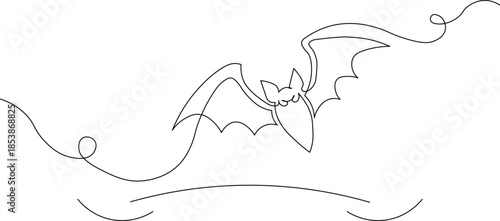 Minimalist continuous one-line art drawing featuring a Halloween bat with abstract flowing decorative lines on a clean white background